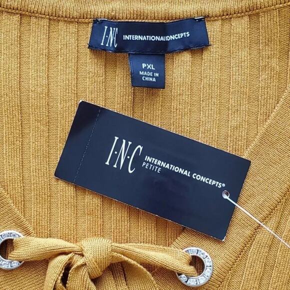 INC International Concepts Lace Up Ribbed Knit Top Yellow Petite XL Long Sleeve - Picture 8 of 9